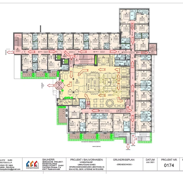 <p>170 plazas.</p>
<p>Radevormwald / NRW / Alemania.</p>
<p>Cambio de un edificio de banco a un hotel de 3 estrellas plus.</p>
<p>Proyecto de reforma integral del edificio incl. Interiorismo de todos sus habitaciones y espacios.</p>
<p>(Bergische Projektentwicklung GmbH)</p>